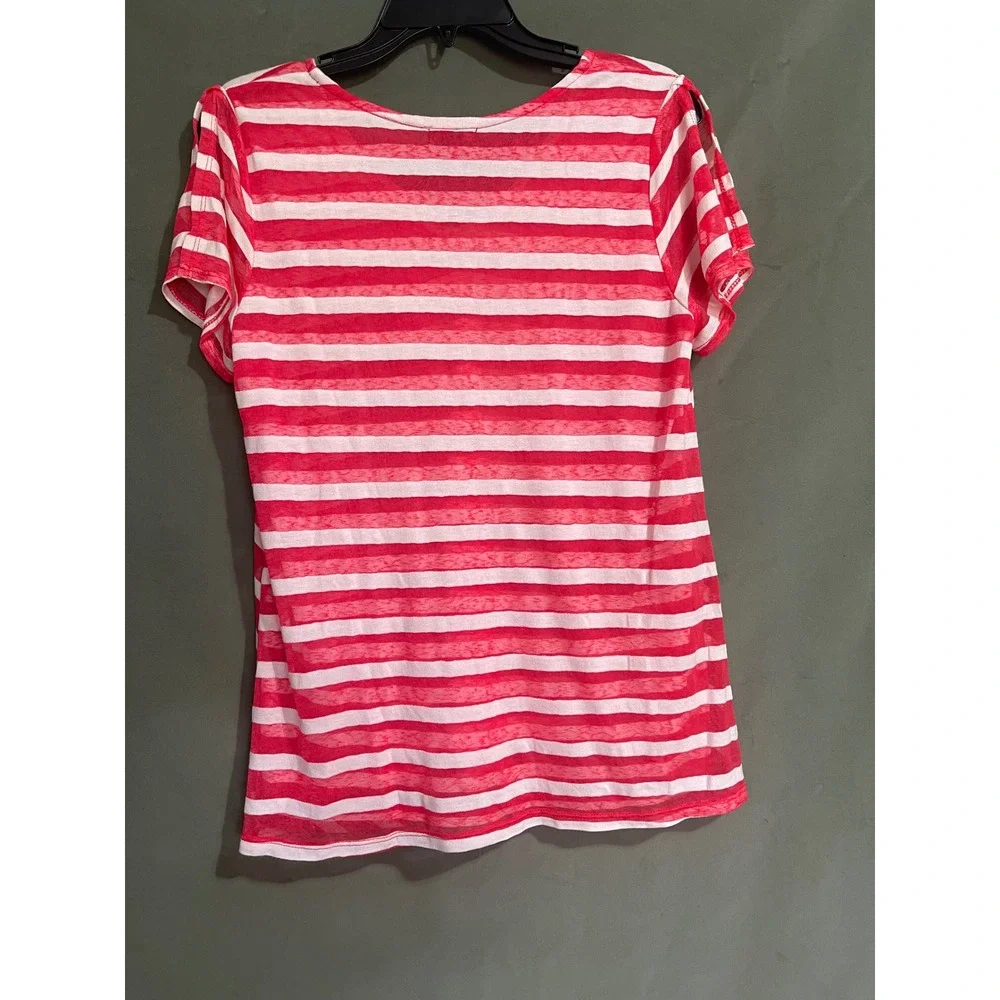 New Directions Women Red White Striped Twist Front V-Neck Short Sleeve Top M